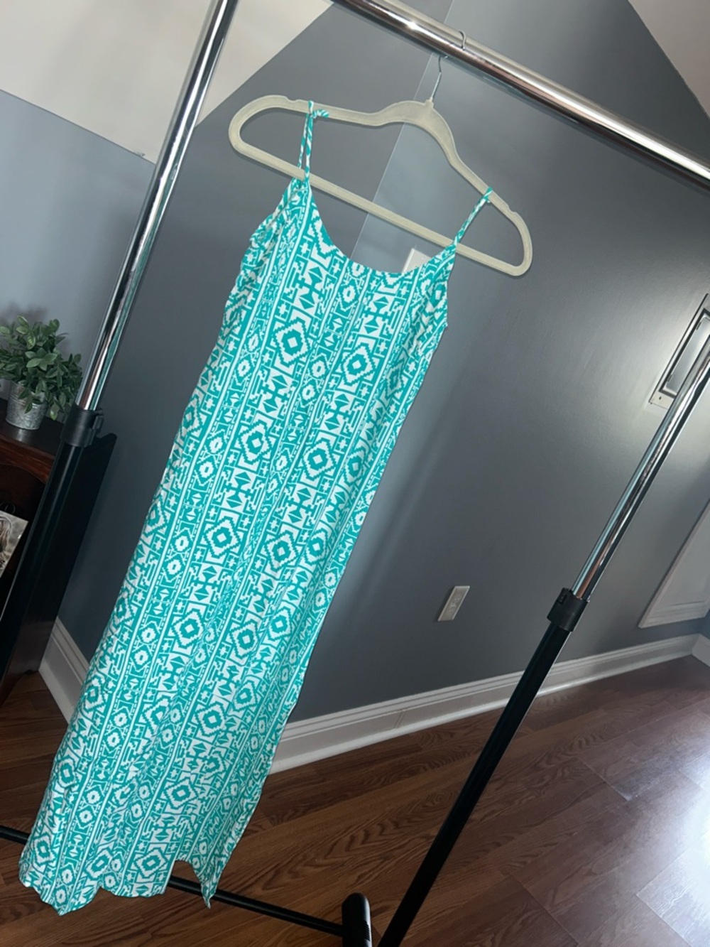 Turquoise and White Printed Spaghetti Strap Maxi Dress (S/M)